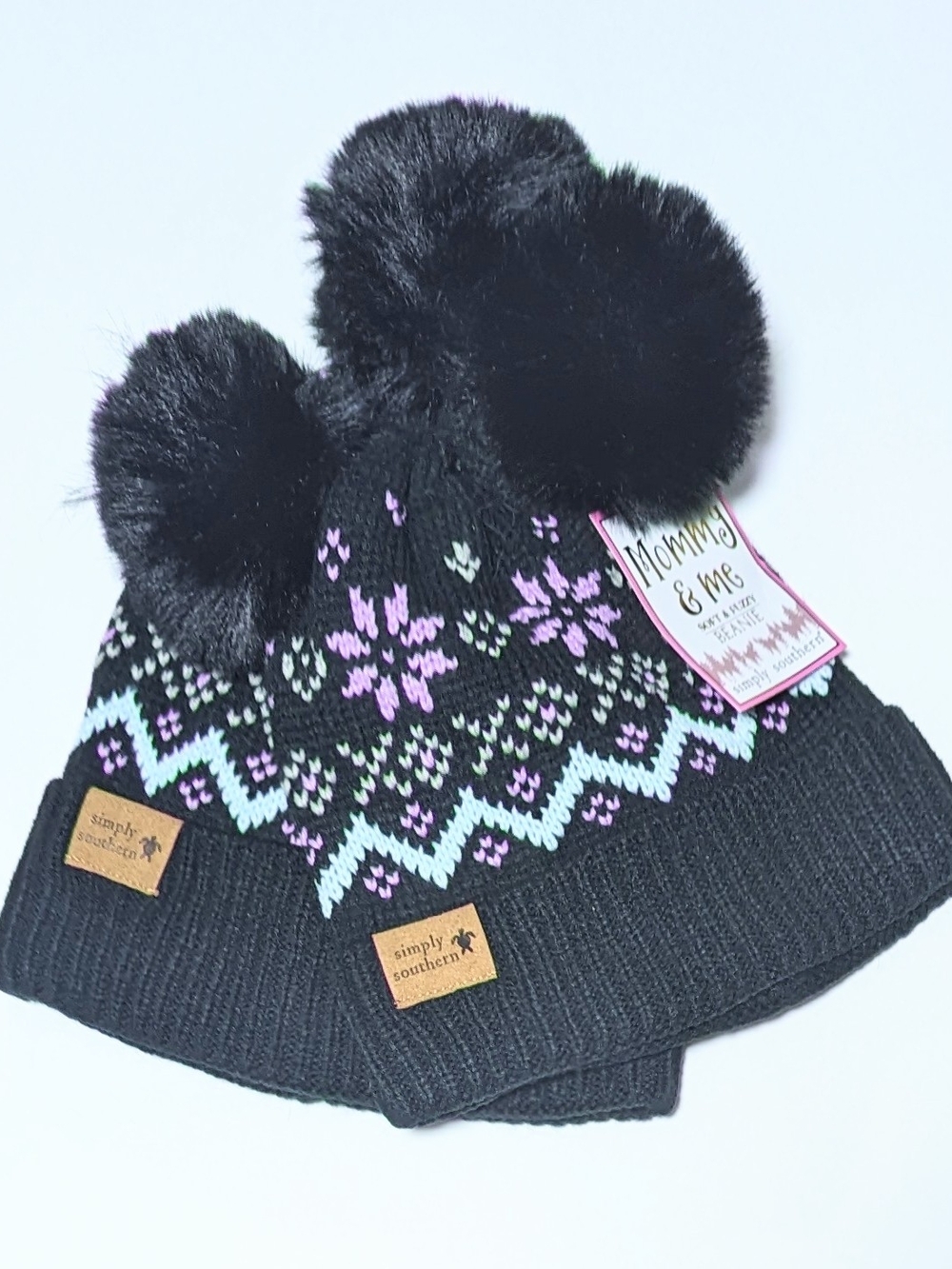 Simply Southern Mommy And Me Black Pom Pom Knit Beanie Hat